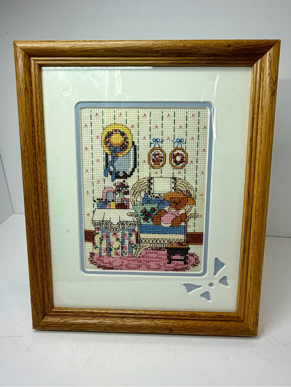 Vintage Framed Teddy Bear Cross Stitch Wall Art